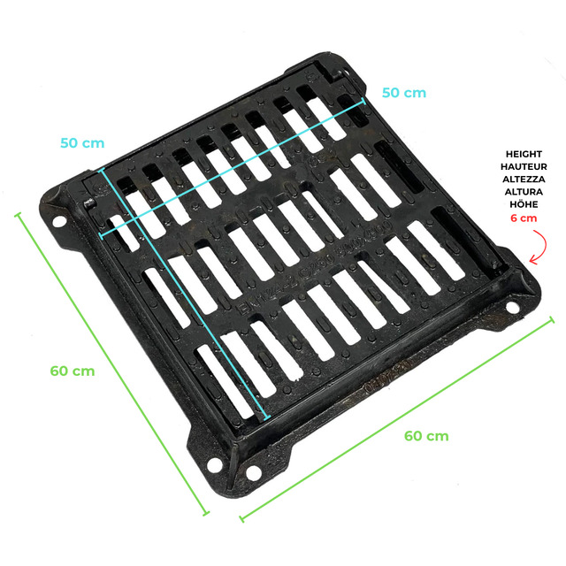 Cast Iron Grid C250, Concave Square Drainage Grid With Frame, Equipped With A Safety System With Pressure Closure