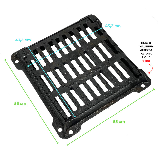 Cast Iron Grid C250, Concave Square Drainage Grid With Frame, Equipped With A Safety System With Pressure Closure