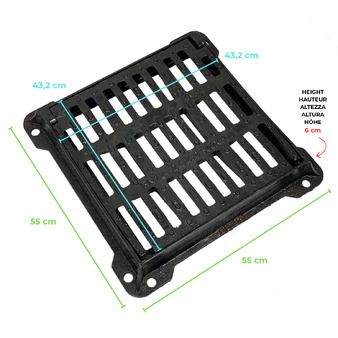 Cast Iron Grid C250, Concave Square Drainage Grid With Frame, Equipped With A Safety System With Pressure Closure