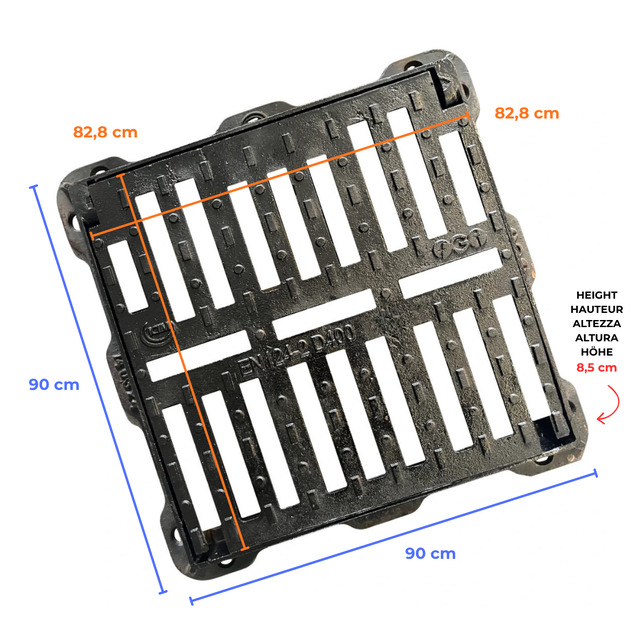 Cast Iron Grid D400, Concave Square Drainage Grid With Frame, Equipped With A Safety System With Pressure Closure